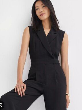 Loft Crepe Lapel Black Wide Leg Jumpsuit Size 6P Career Office Event